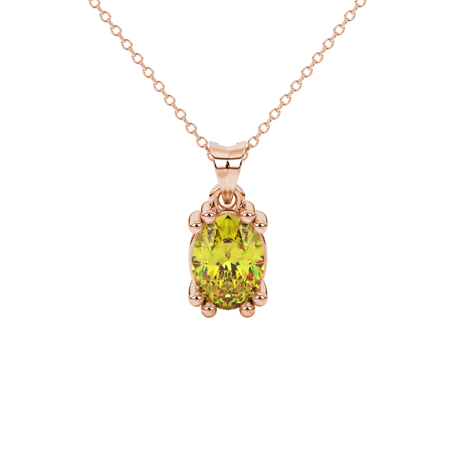 Oval cut canary yellow gemstone pendant, rose gold vintage basket setting.