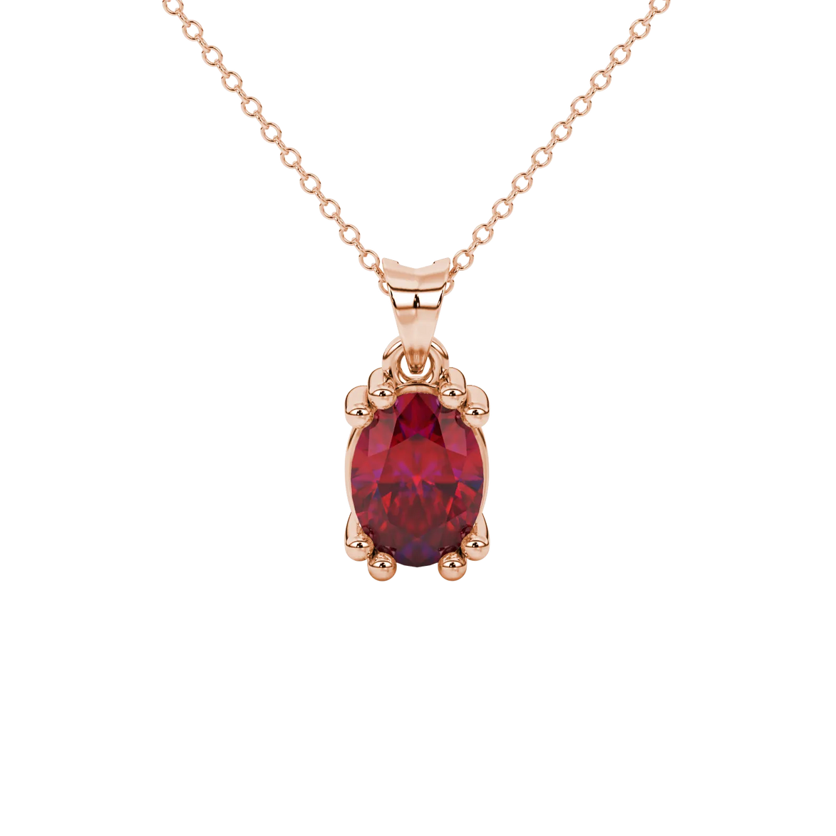 Oval cut raspberry red gemstone pendant, rose gold vintage basket setting.