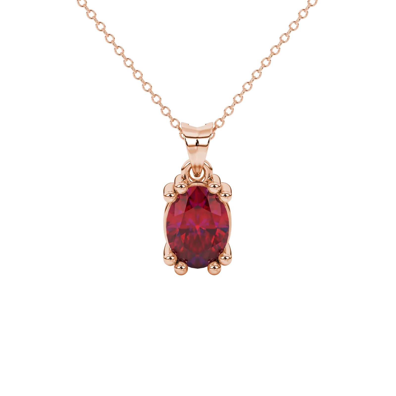 Oval cut raspberry red gemstone pendant, rose gold vintage basket setting.