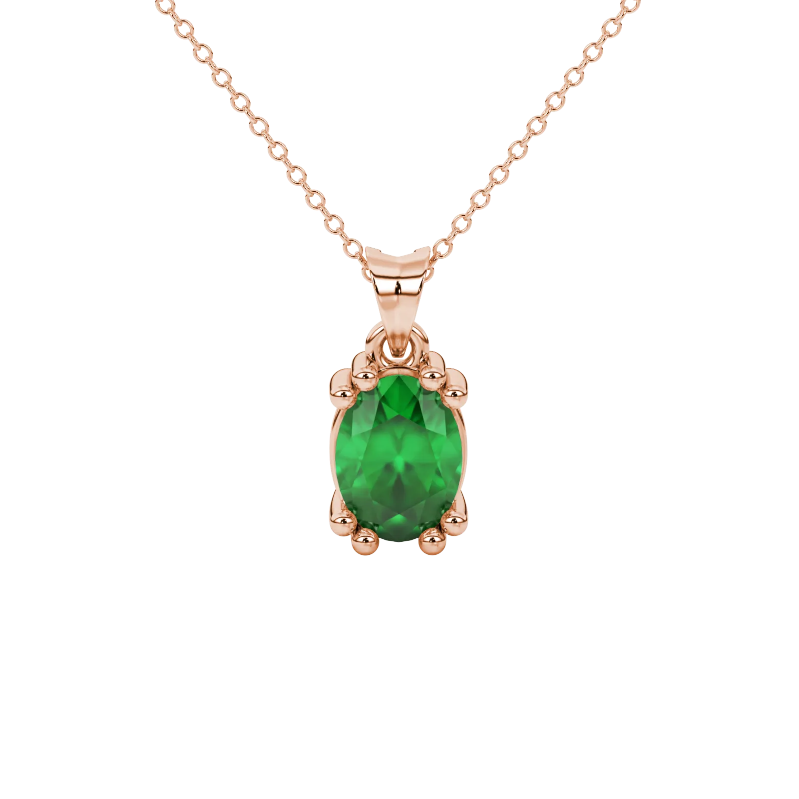 Oval cut emerald green gemstone pendant, rose gold vintage basket setting.