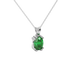 Close-up oval cut emerald green gemstone pendant,  white gold vintage basket.
