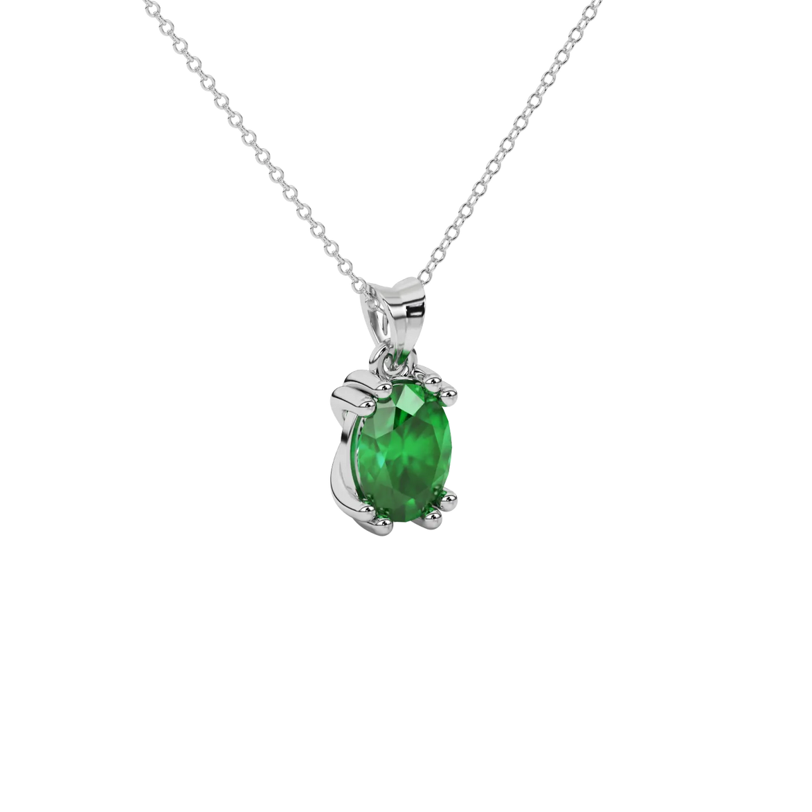 Close-up oval cut emerald green gemstone pendant,  white gold vintage basket.