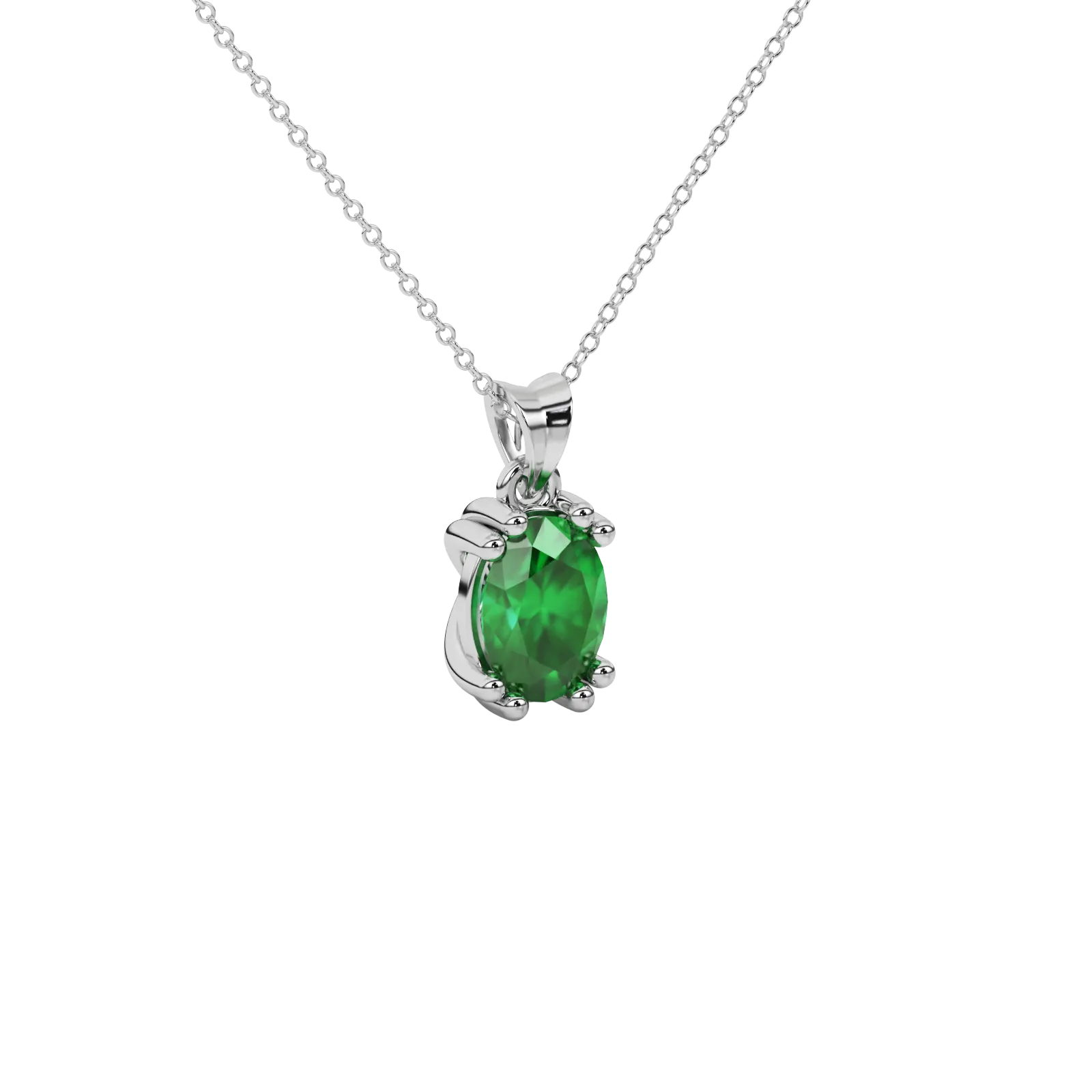 Close-up oval cut emerald green gemstone pendant,  white gold vintage basket.
