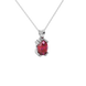 Close-up oval cut raspberry red gemstone pendant, white gold vintage basket.