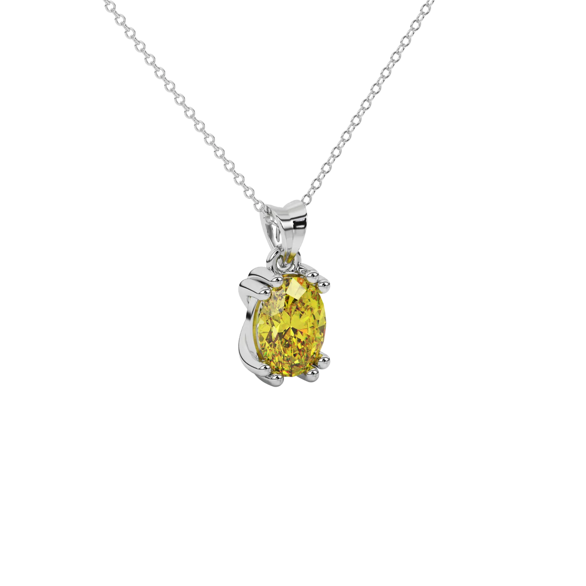Close-up oval cut canary yellow gemstone pendant, white gold vintage basket.