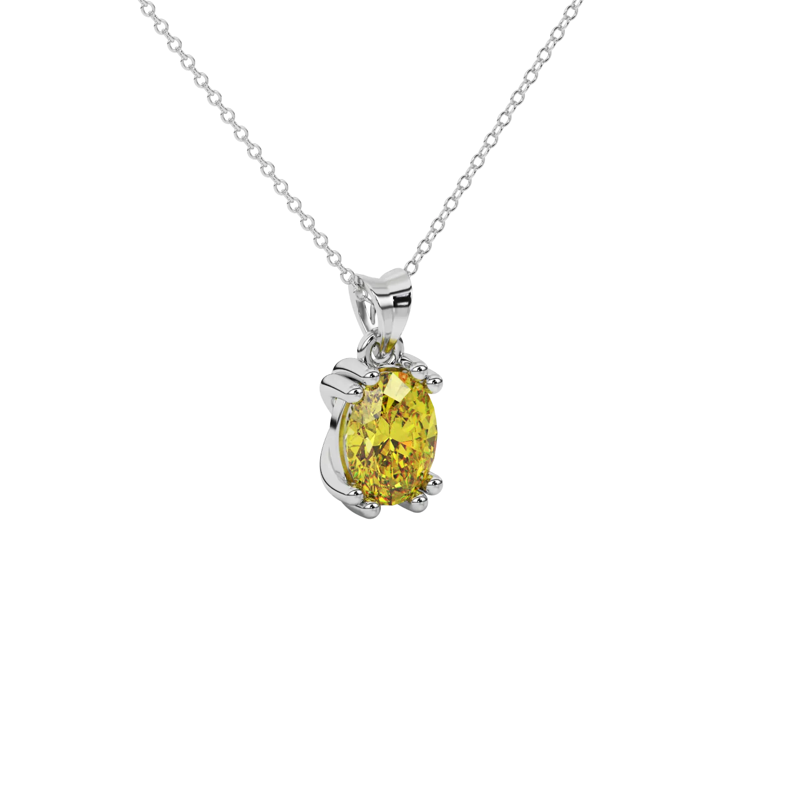 Close-up oval cut canary yellow gemstone pendant, white gold vintage basket.