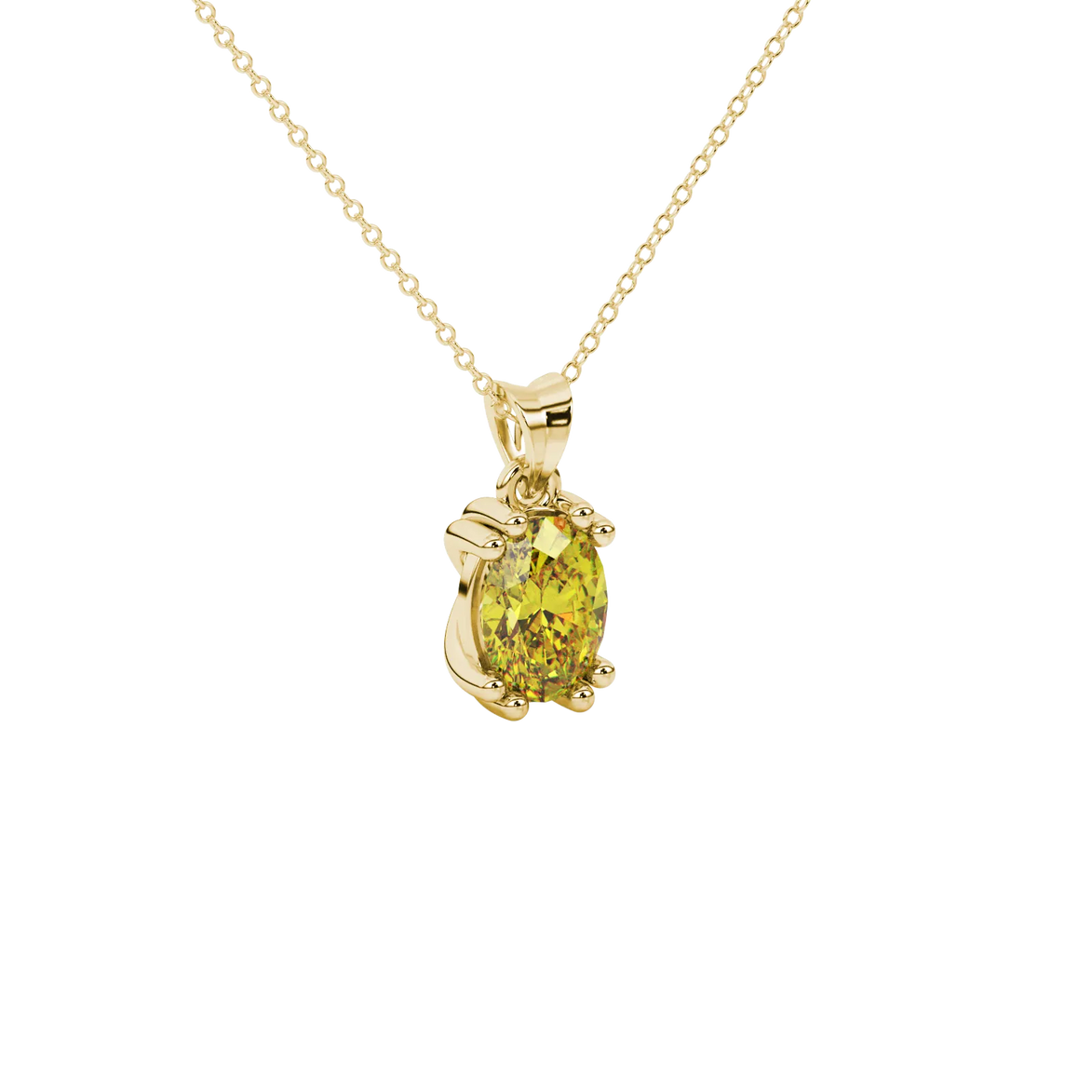 Close-up, oval cut canary yellow gemstone, yellow gold vintage basket pendant.