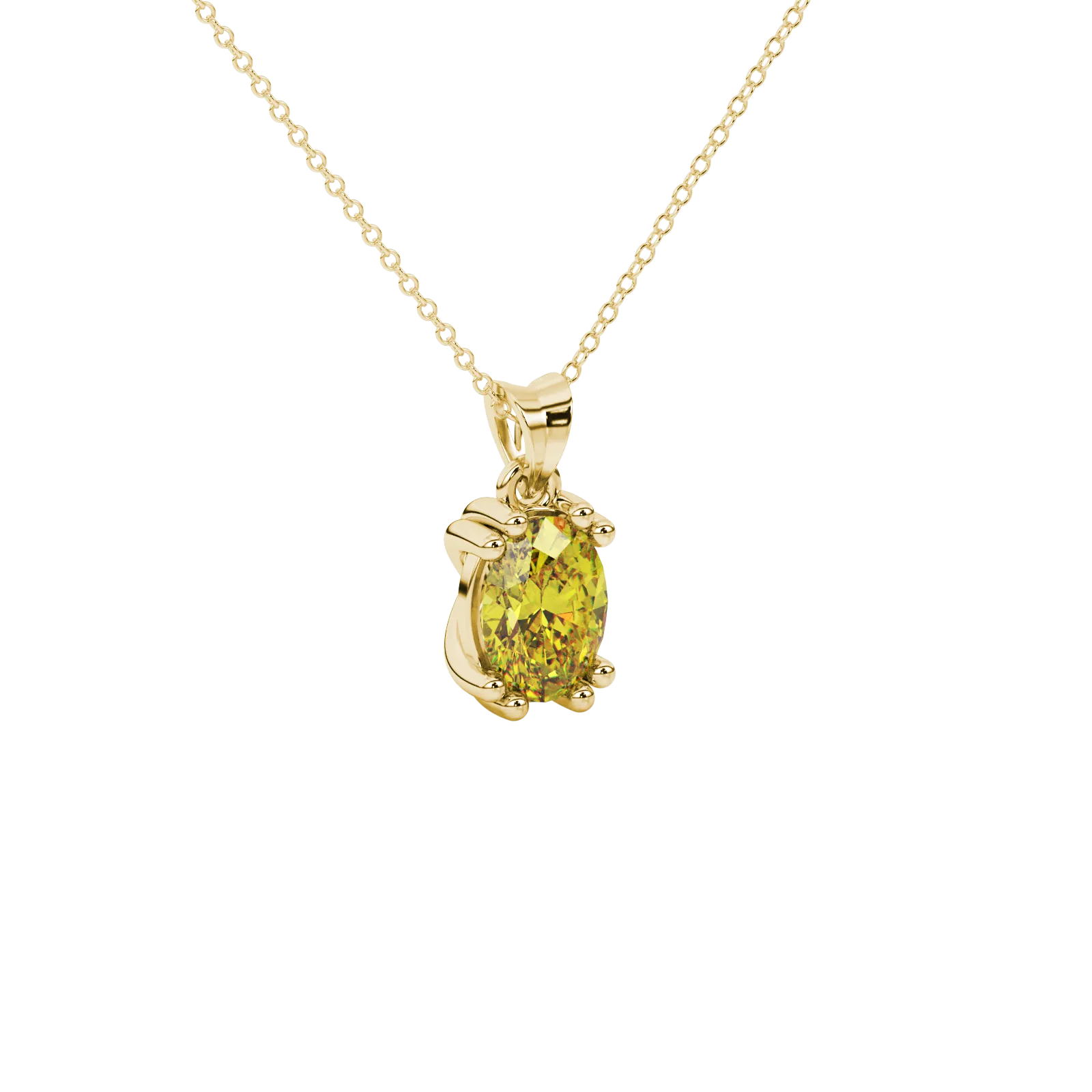 Close-up, oval cut canary yellow gemstone, yellow gold vintage basket pendant.