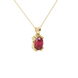 Close-up, oval cut raspberry red gemstone, yellow gold vintage basket pendant.
