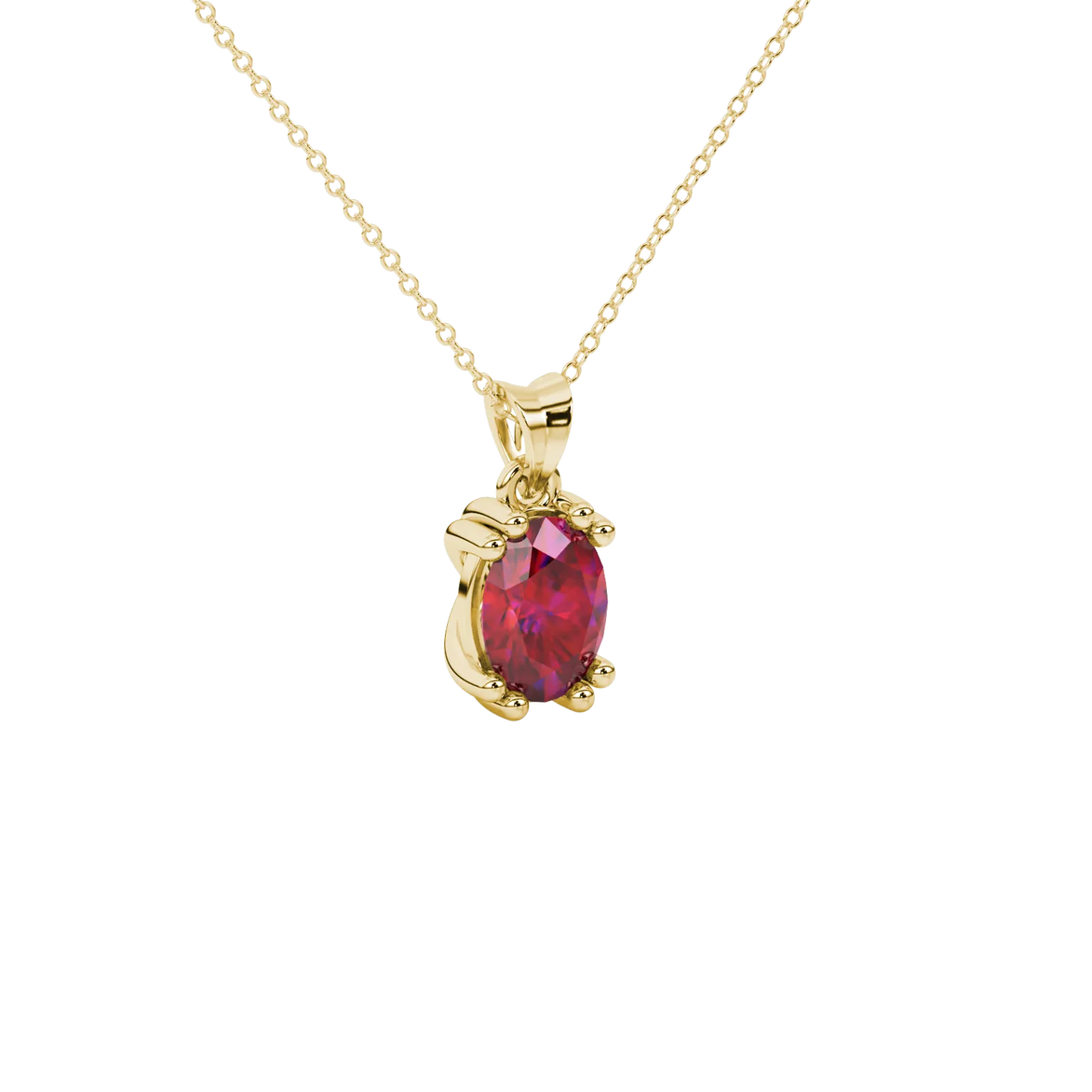 Close-up, oval cut raspberry red gemstone, yellow gold vintage basket pendant.