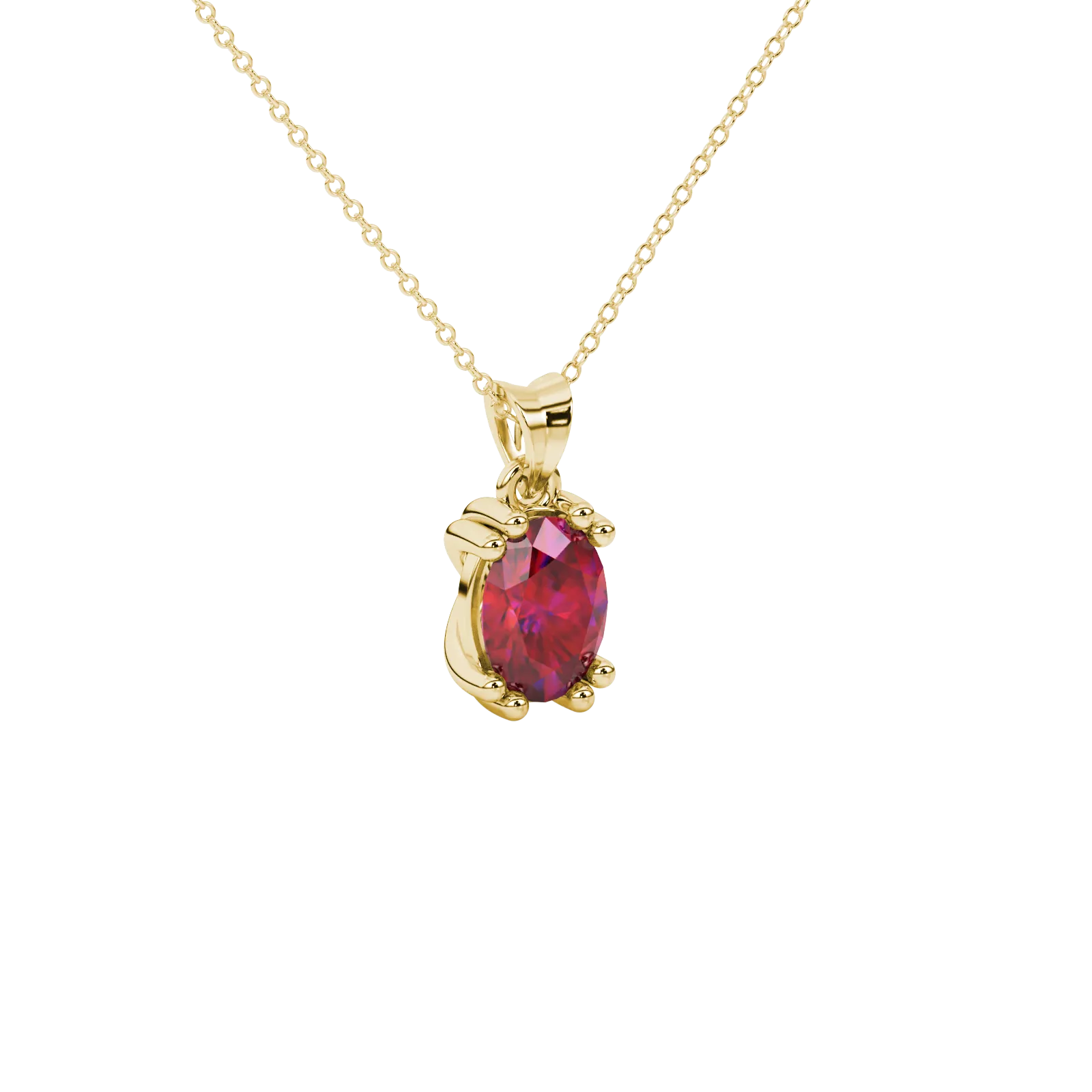 Close-up, oval cut raspberry red gemstone, yellow gold vintage basket pendant.