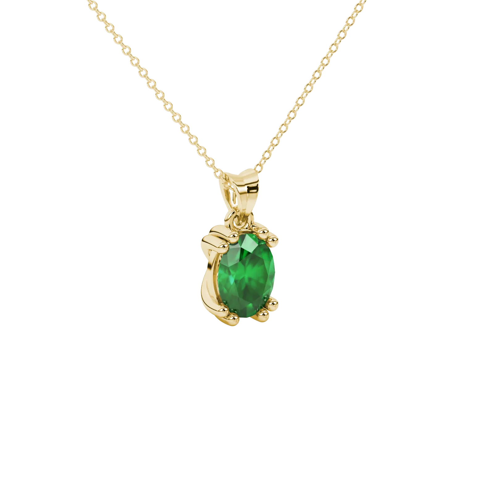 Close-up, oval cut emerald green gemstone, yellow gold vintage basket pendant.