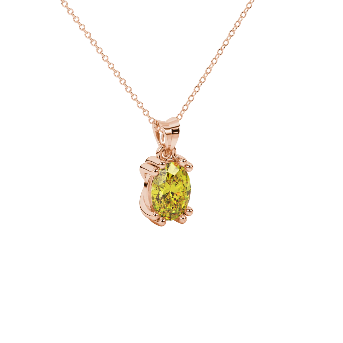 Close-up, oval cut canary yellow gemstone pendant, rose gold vintage basket.