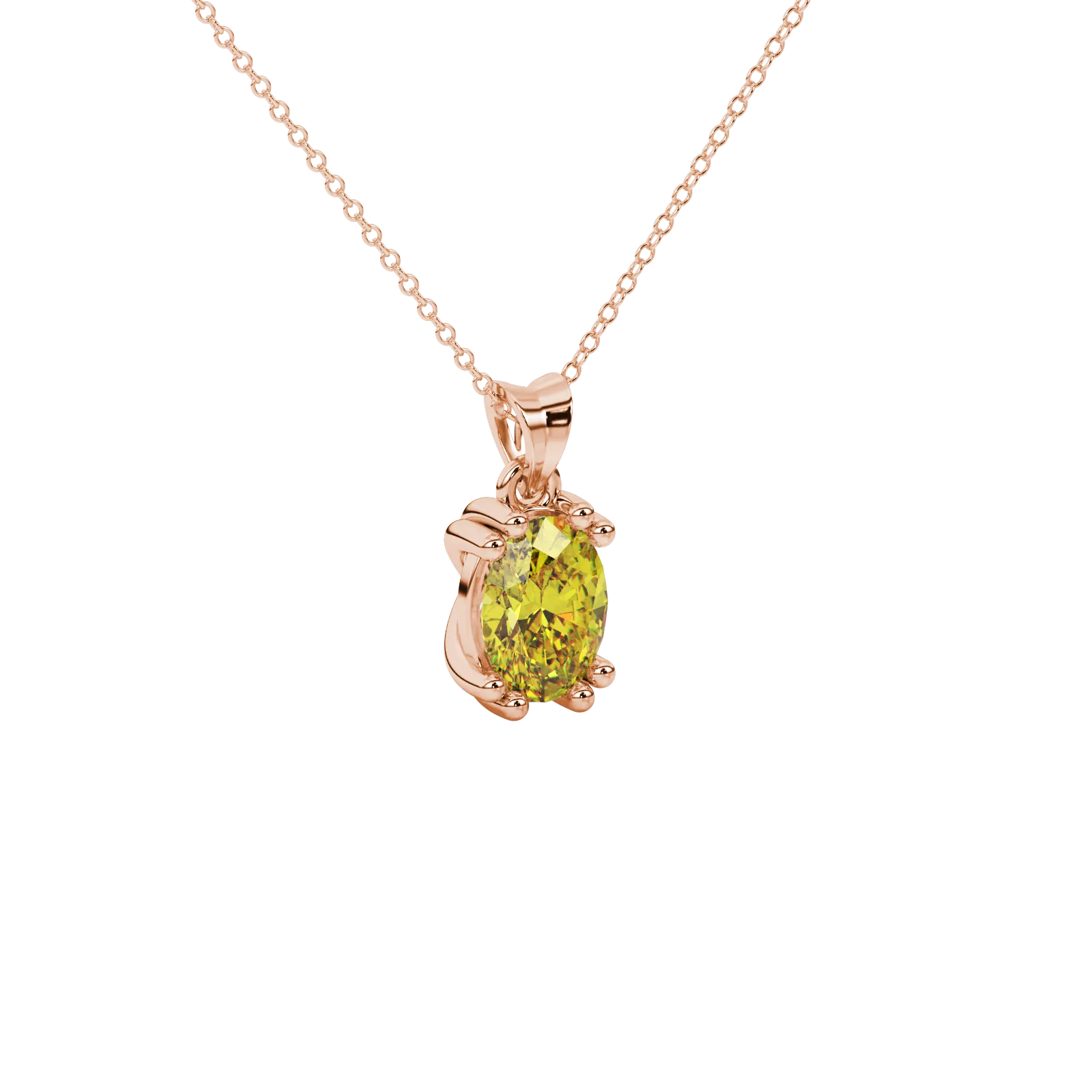 Close-up, oval cut canary yellow gemstone pendant, rose gold vintage basket.