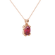 Close-up, oval cut raspberry red gemstone pendant, rose gold vintage basket.