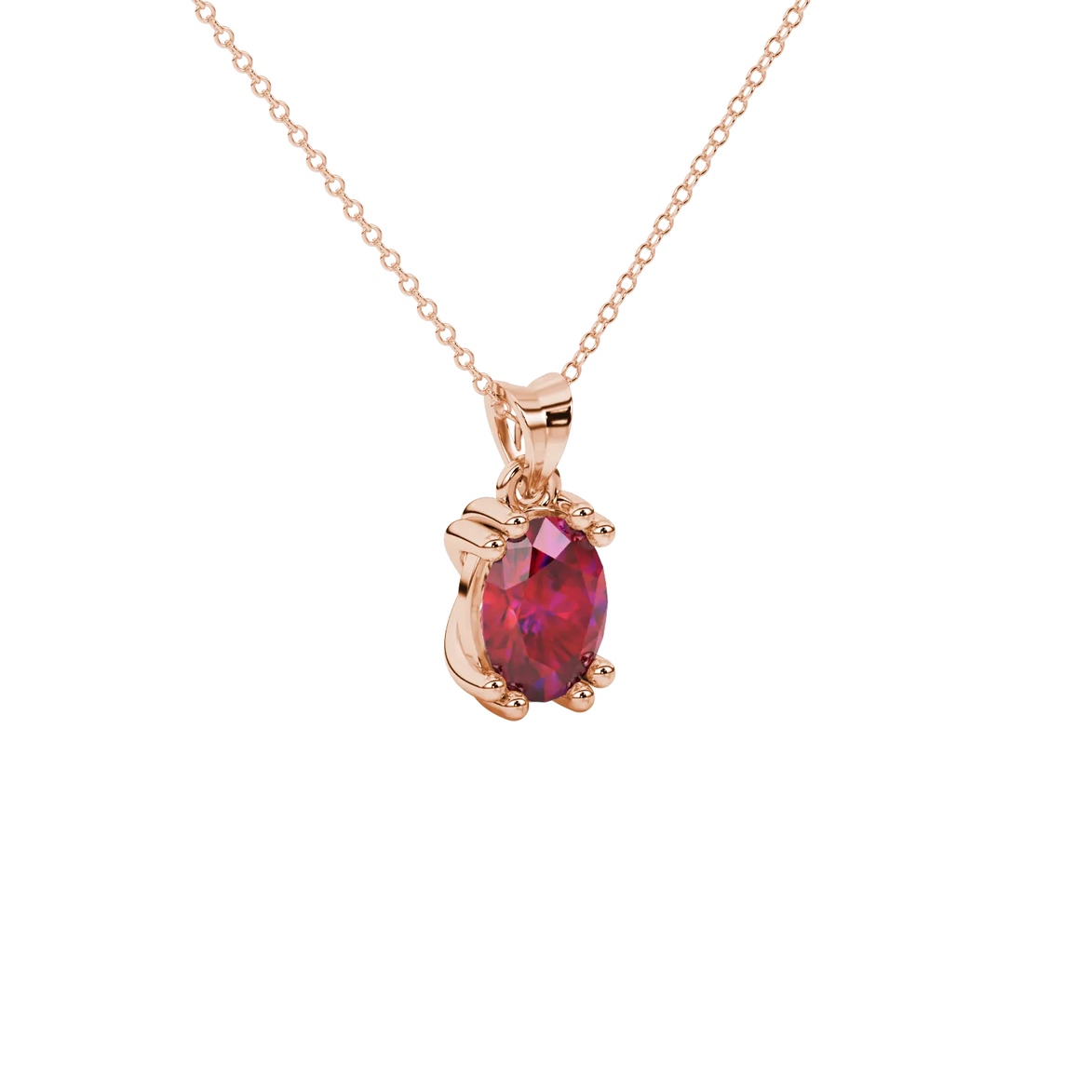 Close-up, oval cut raspberry red gemstone pendant, rose gold vintage basket.