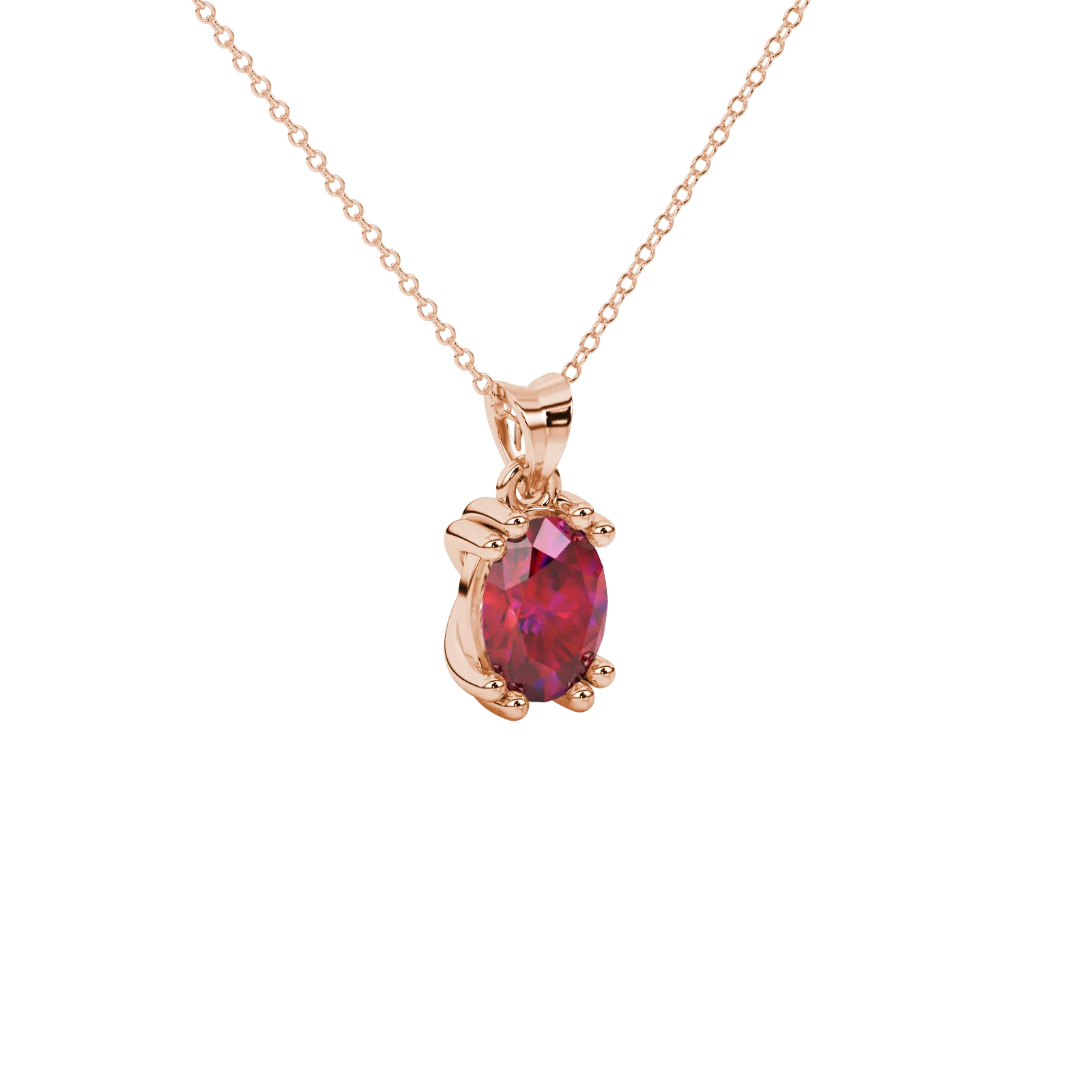 Close-up, oval cut raspberry red gemstone pendant, rose gold vintage basket.