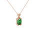 Close-up, oval cut emerald green gemstone pendant, rose gold vintage basket.
