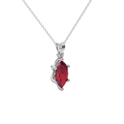 Close-up marquise cut raspberry red gemstone, white gold six prong.