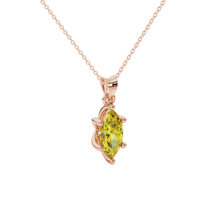 Close-up, marquise cut canary yellow gemstone pendant, rose gold six prong.
