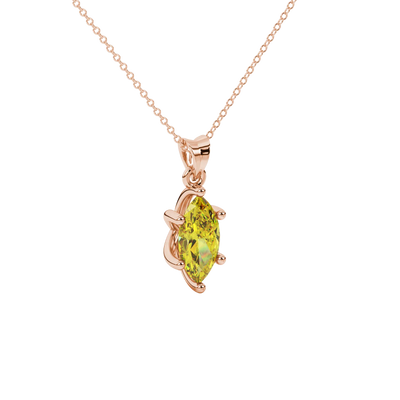 Close-up, marquise cut canary yellow gemstone pendant, rose gold six prong.