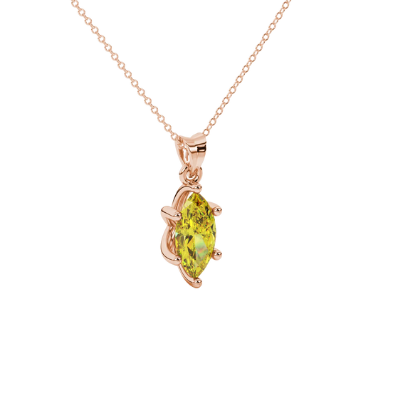 Close-up, marquise cut canary yellow gemstone pendant, rose gold six prong.