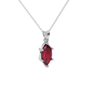 Close-up marquise cut raspberry red gemstone, white gold classic basket.
