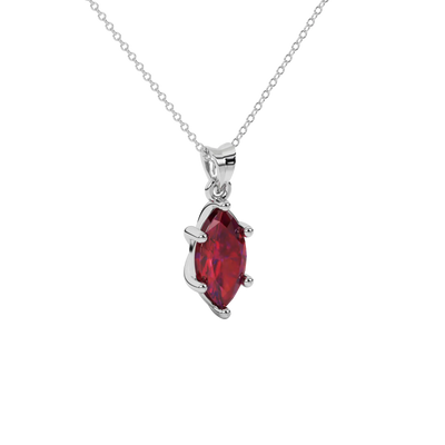 Close-up marquise cut raspberry red gemstone, white gold classic basket.