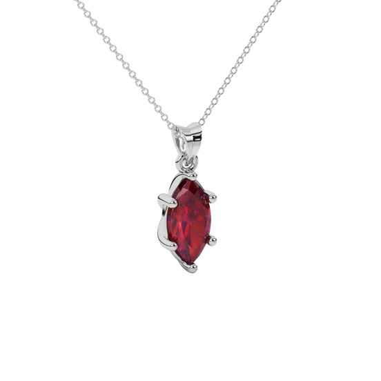 Close-up marquise cut raspberry red gemstone, white gold classic basket.