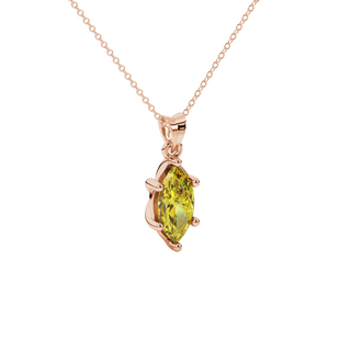 Close-up, marquise cut canary yellow gemstone pendant, rose gold classic basket.