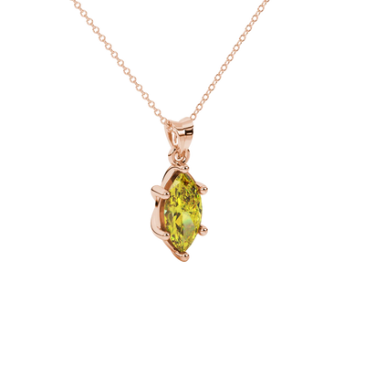 Close-up, marquise cut canary yellow gemstone pendant, rose gold classic basket.
