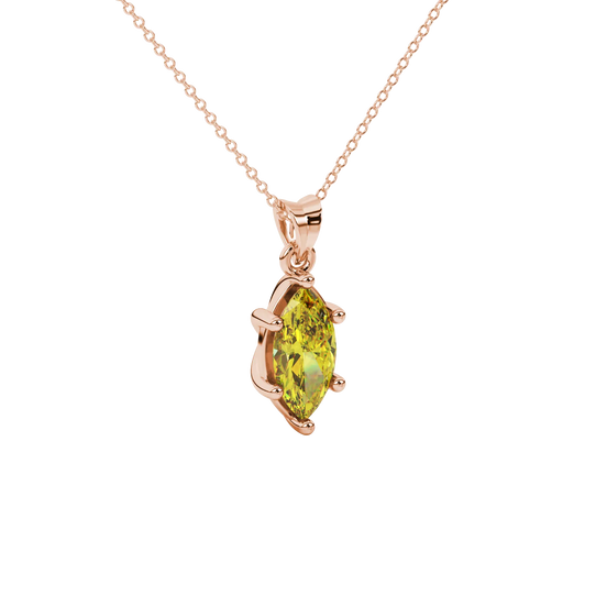 Close-up, marquise cut canary yellow gemstone pendant, rose gold classic basket.