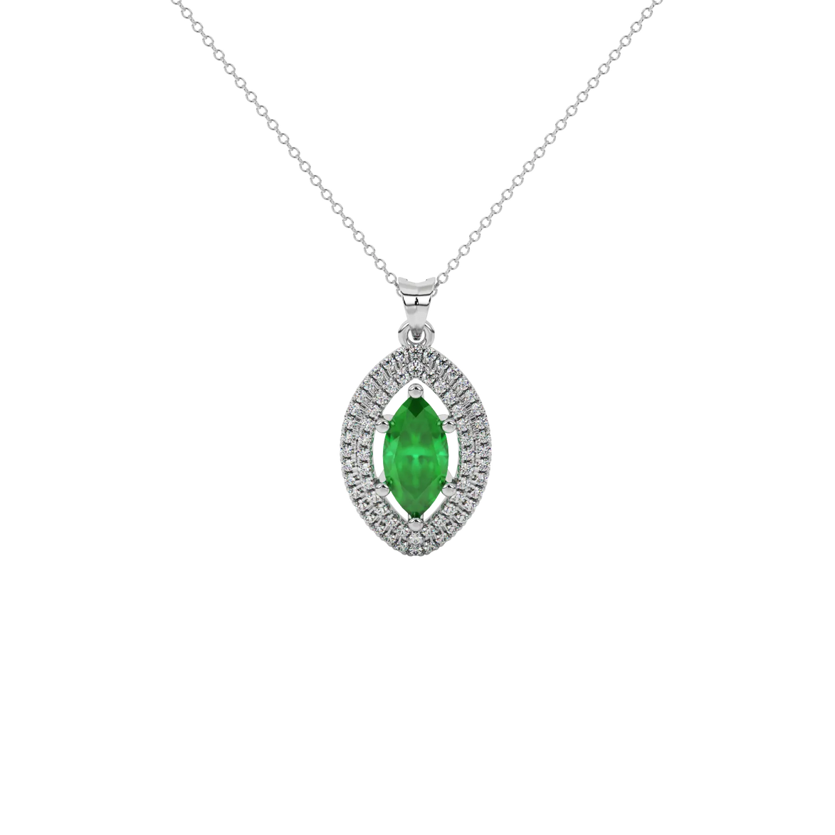 Marquise cut emerald green gemstone pendant, white gold falling edge halo setting