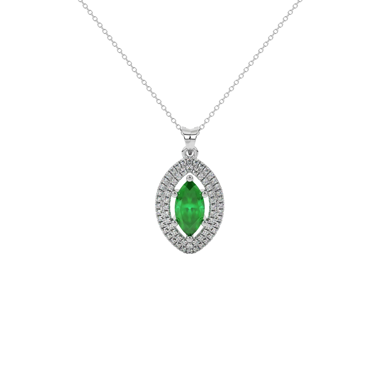 Marquise cut emerald green gemstone pendant, white gold falling edge halo setting