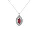 Marquise cut raspberry red gemstone pendant, white gold falling edge halo setting.