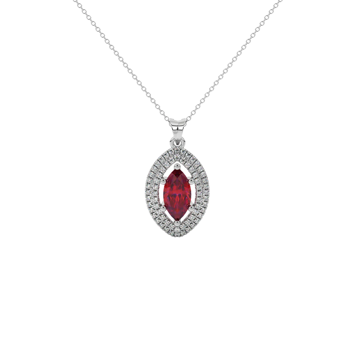 Marquise cut raspberry red gemstone pendant, white gold falling edge halo setting.