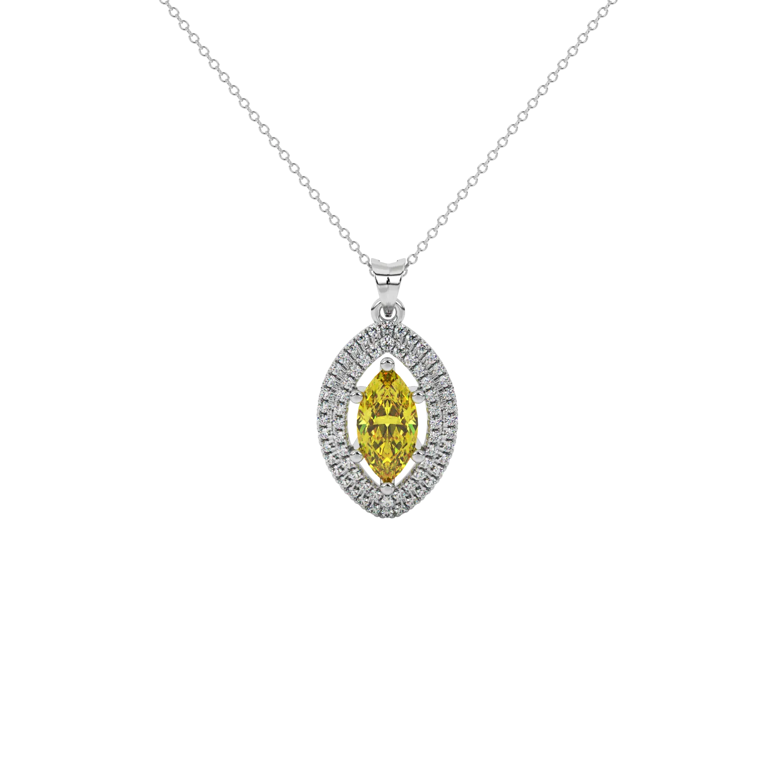 Marquise cut canary yellow gemstone pendant, white gold falling edge halo setting.