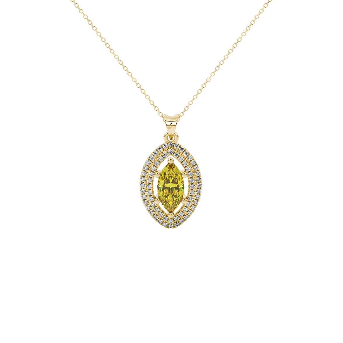 Marquise cut canary yellow gemstone pendant, yellow gold falling edge halo setting.