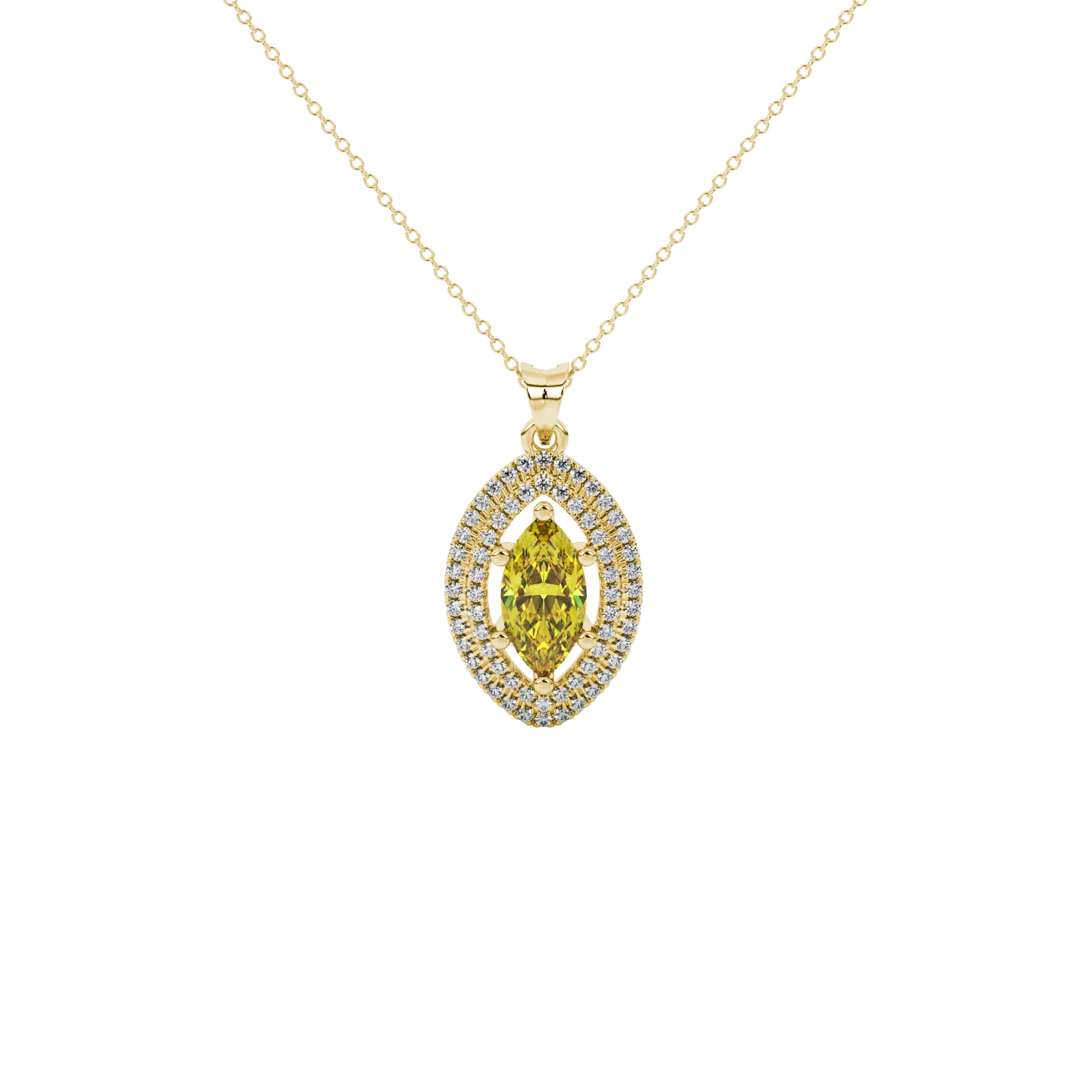 Marquise cut canary yellow gemstone pendant, yellow gold falling edge halo setting.