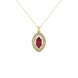 Marquise cut raspberry red gemstone pendant, yellow gold falling edge halo setting