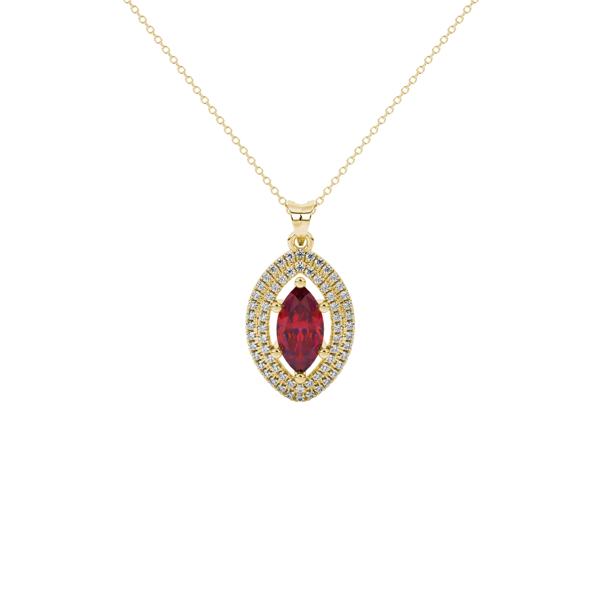 Marquise cut raspberry red gemstone pendant, yellow gold falling edge halo setting