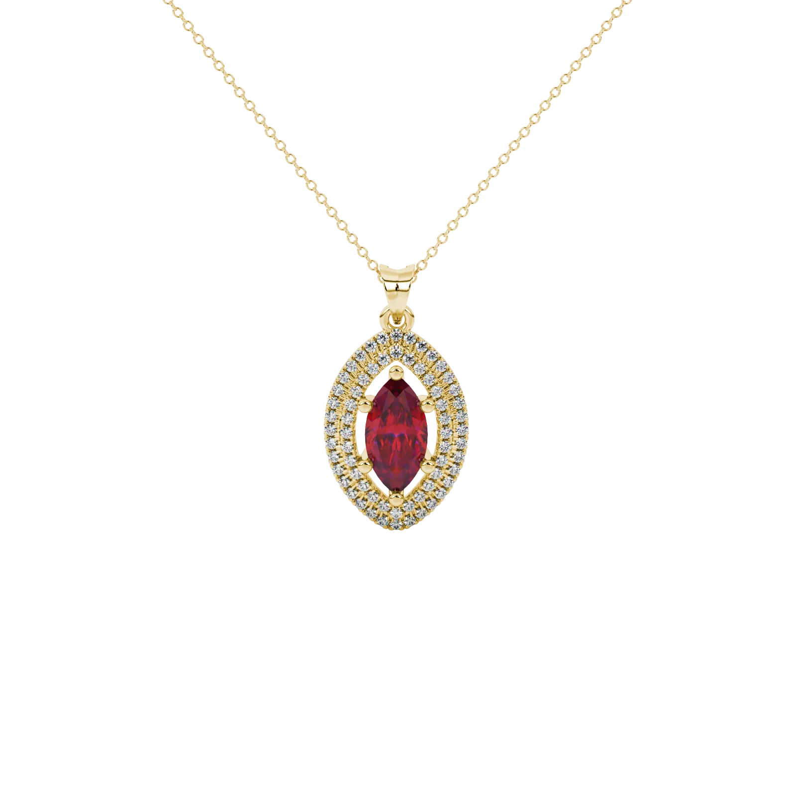 Marquise cut raspberry red gemstone pendant, yellow gold falling edge halo setting