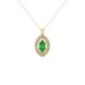 Marquise cut emerald green gemstone pendant, yellow gold falling edge halo setting.