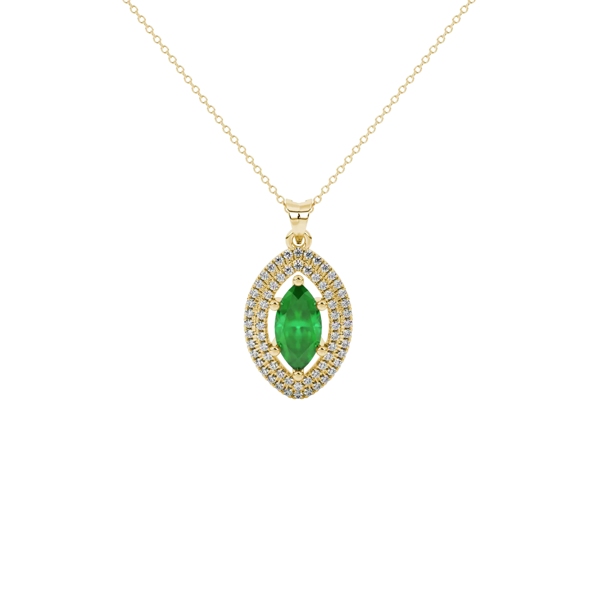 Marquise cut emerald green gemstone pendant, yellow gold falling edge halo setting.