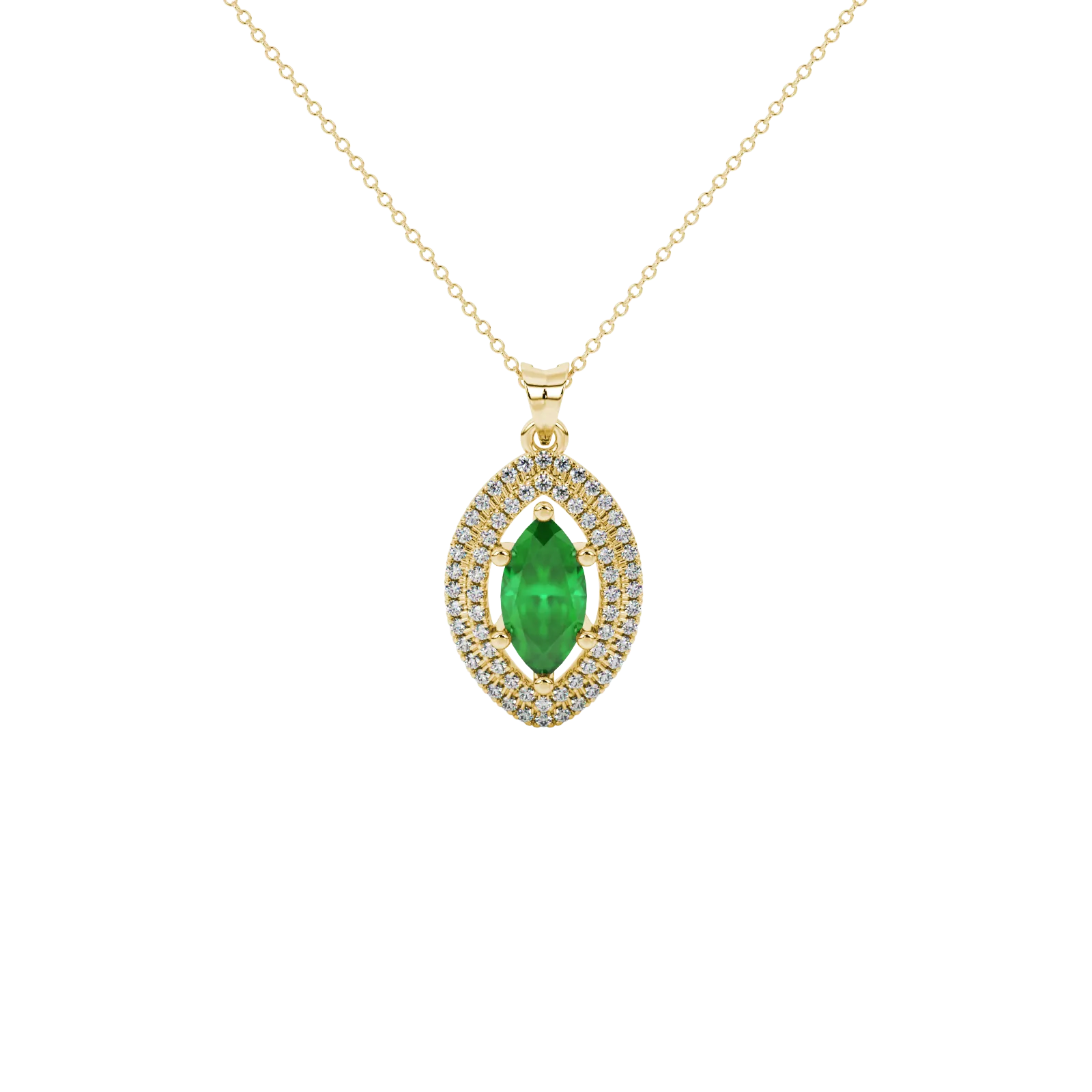 Marquise cut emerald green gemstone pendant, yellow gold falling edge halo setting.