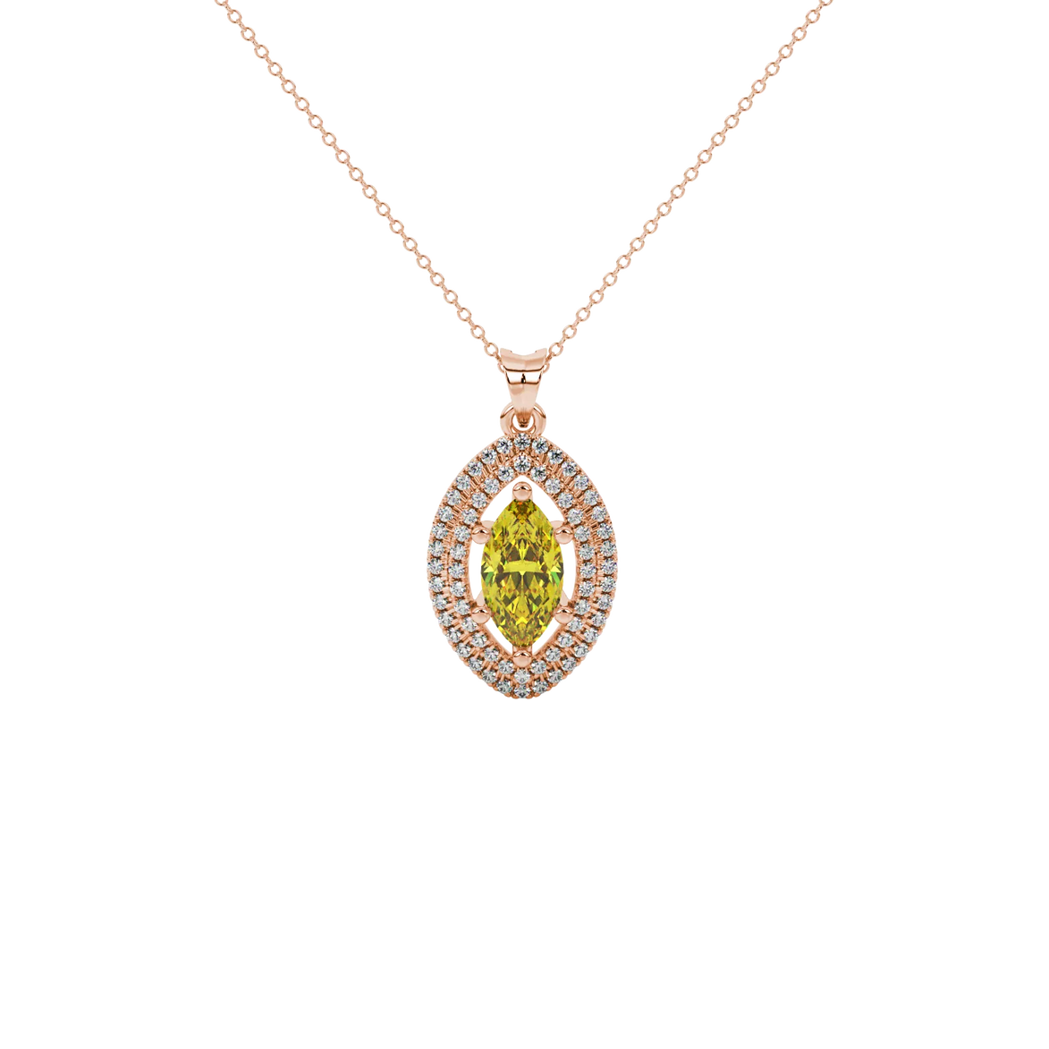 Marquise cut canary yellow gemstone pendant, rose gold falling edge halo setting.
