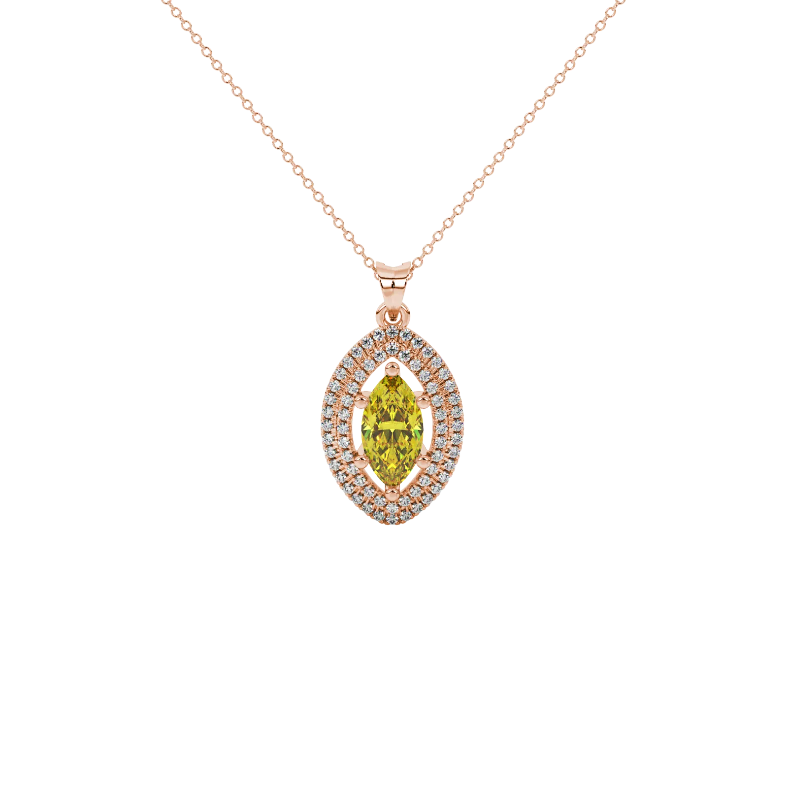 Marquise cut canary yellow gemstone pendant, rose gold falling edge halo setting.