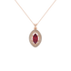 Marquise cut raspberry red gemstone pendant, rose gold falling edge halo setting.