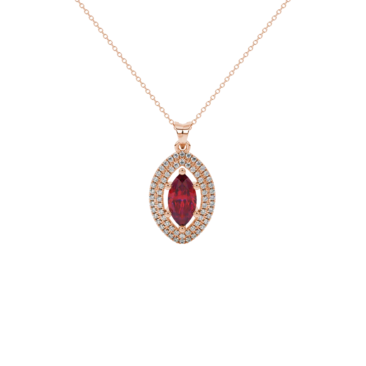 Marquise cut raspberry red gemstone pendant, rose gold falling edge halo setting.
