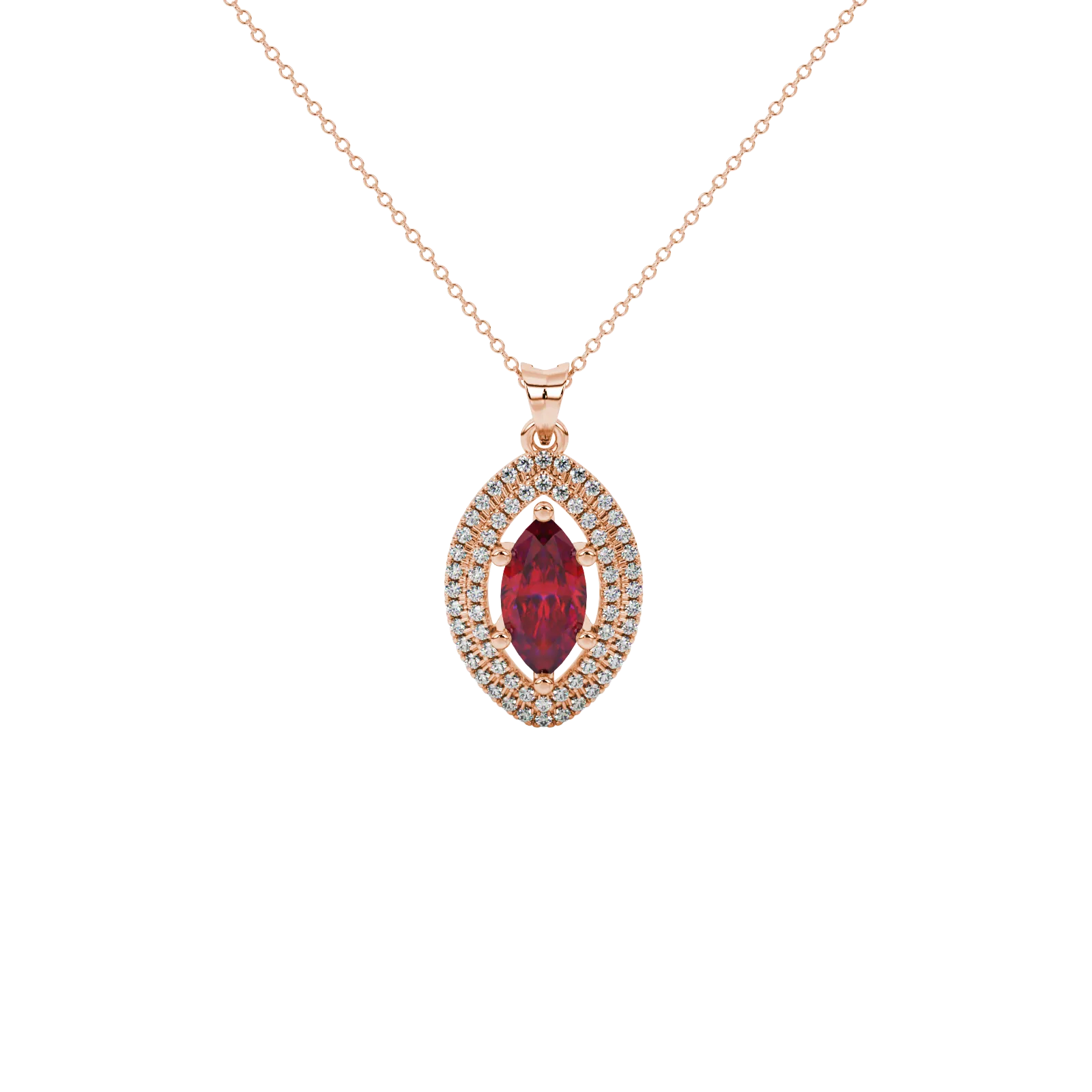 Marquise cut raspberry red gemstone pendant, rose gold falling edge halo setting.